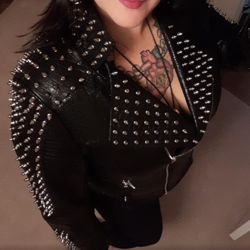 Croc Embossed Faux Leather Jacket Studded Rivet - Picture 7 of 9